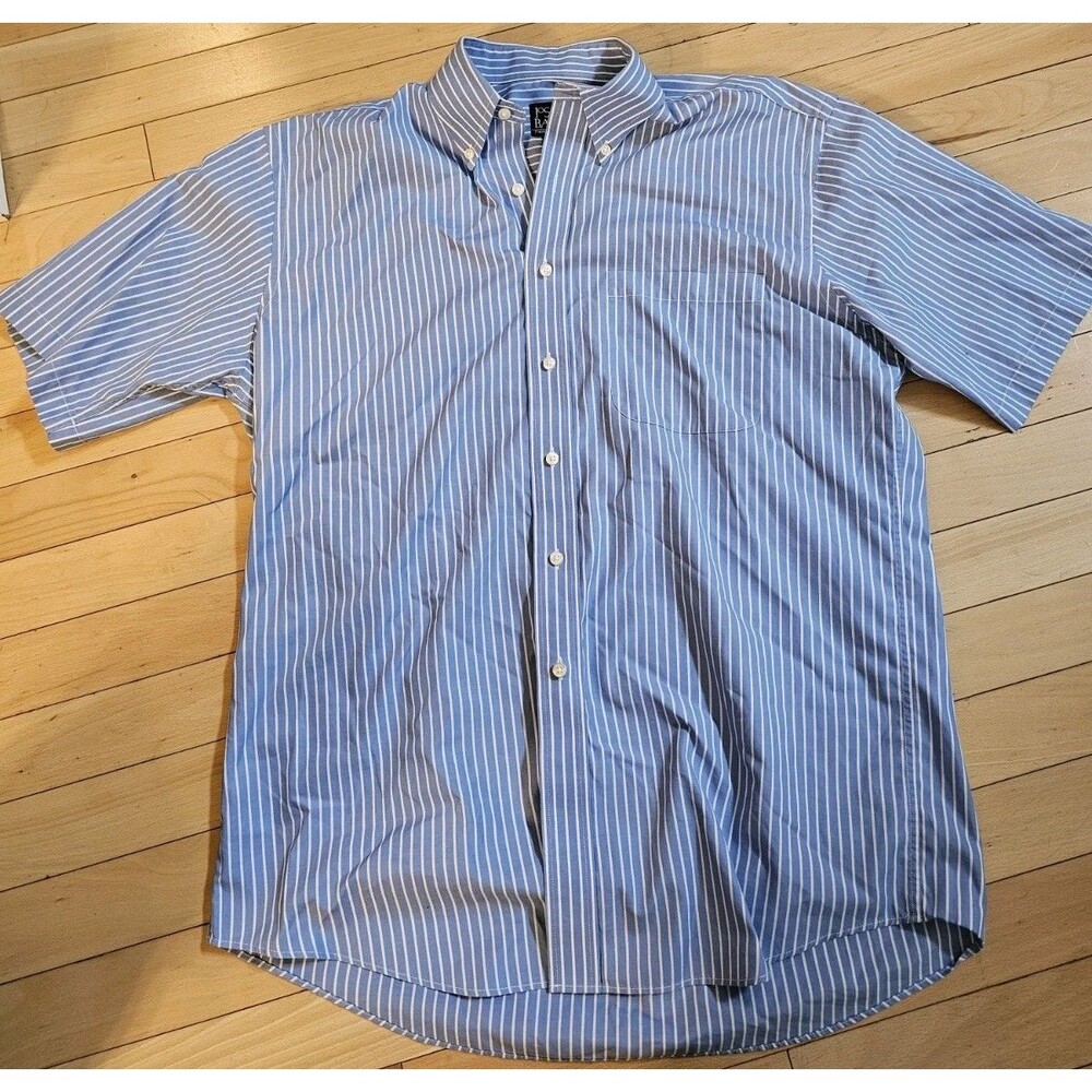 Jos A Bank Travelers Collection Shirt Mens Large Short Sleeve Blue Stripe Cotton